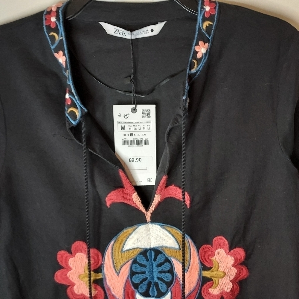 Zara Short Embroidered Cotton Linen Blend Dress Sz-M - Picture 9 of 10
